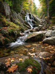 Obraz premium Serene waterfall cascading through autumn foliage in a rocky landscape nature photography tranquil environment