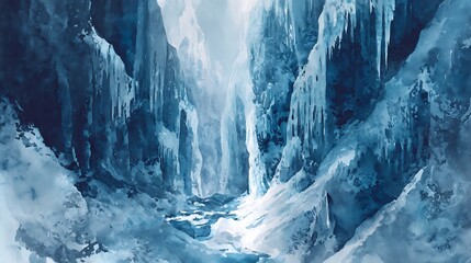 Majestic ice cave formations with dripping icicles and frozen water