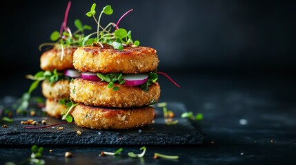 Delicious stacked veggie burgers with radish and microgreens on dark slate.