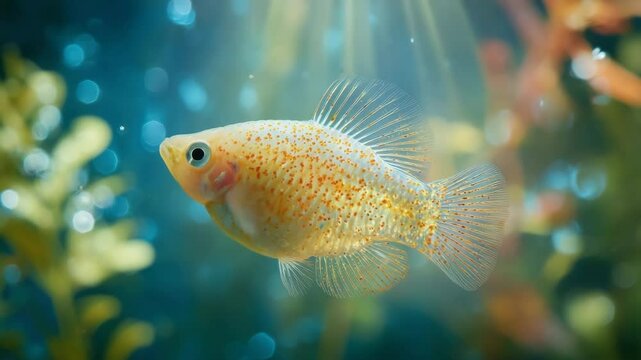 Balloon molly  golden fish swims gracefully in a sunlit aquarium, surrounded by lush aquatic plants and shimmering bubbles.