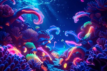 Fototapeta premium Glowing Coral Reef at Night – Stunning Bioluminescent Underwater Scene | illustration