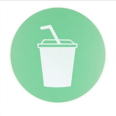 Minimalist white-outlined disposable cup with lid and straw centered on light green circular background, clean lines, simple design, no extra details.
