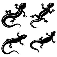Naklejka premium Four black lizards with curled tails and small feet arranged on a white background design element
