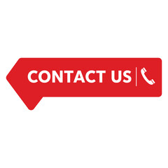 Fototapeta premium A bright red contact us arrow with a phone icon, isolated on white background, directs users to customer support and assistance