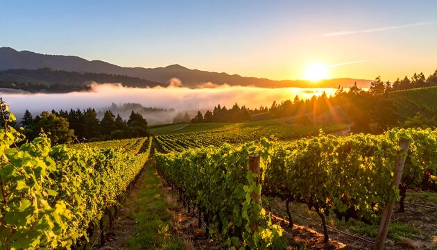 Vineyard at sunrise, rows of lush green vines, mist over valley