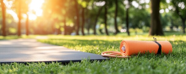 Orange camping mat on grass in park