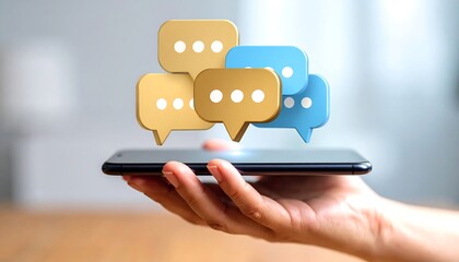 Hand holding phone with floating chat bubbles