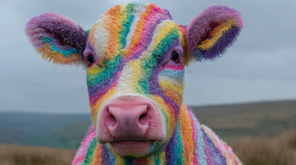 Close-Up of Rainbow-Colored Cow in Countryside
