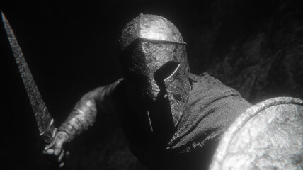 Armored Knight in Battle Pose with Sword and Shield