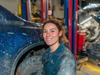 Female Auto Technician Smiling in Busy Workshop