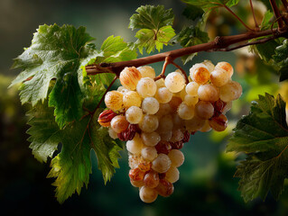 Ripe White Grapes with Sun-Kissed Skin on Vine