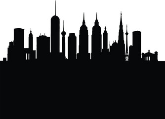 Naklejka premium Minimalist City Skyline Silhouette Featuring Layered Architectural Forms, Spire-Tipped Towers, and Rectangular High-Rises — Celebrating Urban Identity, Structural Elegance, and Metropolis Mood in Bold