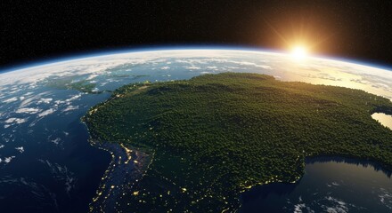 Fototapeta premium Earth's Embrace: A breathtaking view of planet Earth from space, with the sun rising, showing the curvature, continents, atmosphere, and vastness of the cosmos.