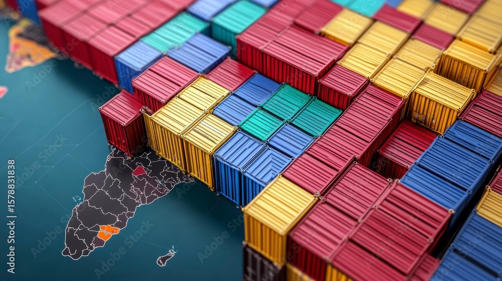 Poster colorful shipping containers arranged on a world map, representing global trade and logistics.