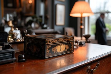 Obraz premium Ornate wooden box on dark wood table