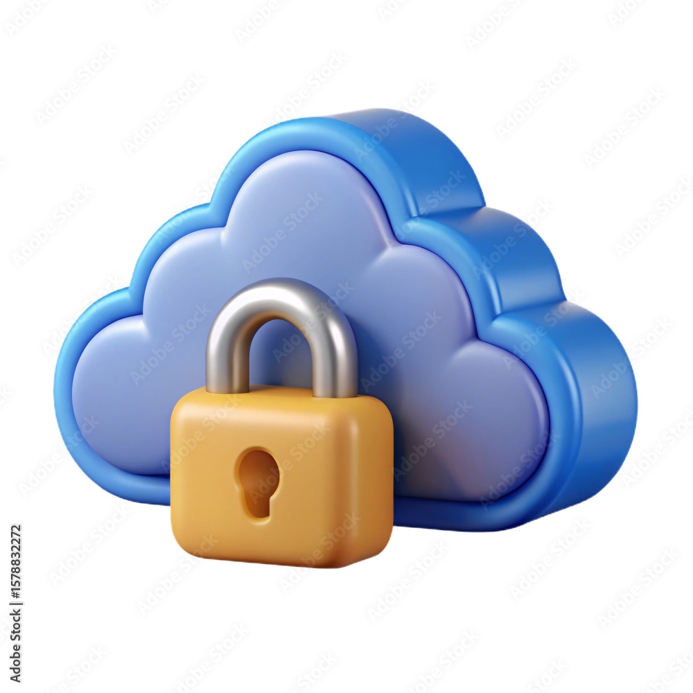 Poster 3d cloud security icon with padlock and transparent background for data protection and cybersecurity