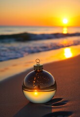 A glass Christmas ornament resting on the sandy beach at sunset with gentle waves lapping in the background, copy space on a side