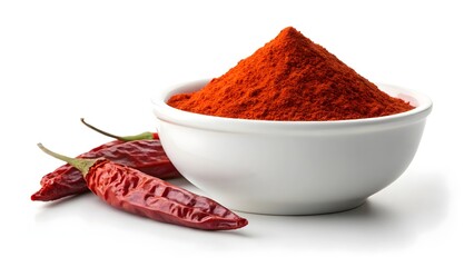 Bowl of vibrant red chili powder with dried chili peppers on white background, symbolizing culinary heat, spice blends, and traditional flavor