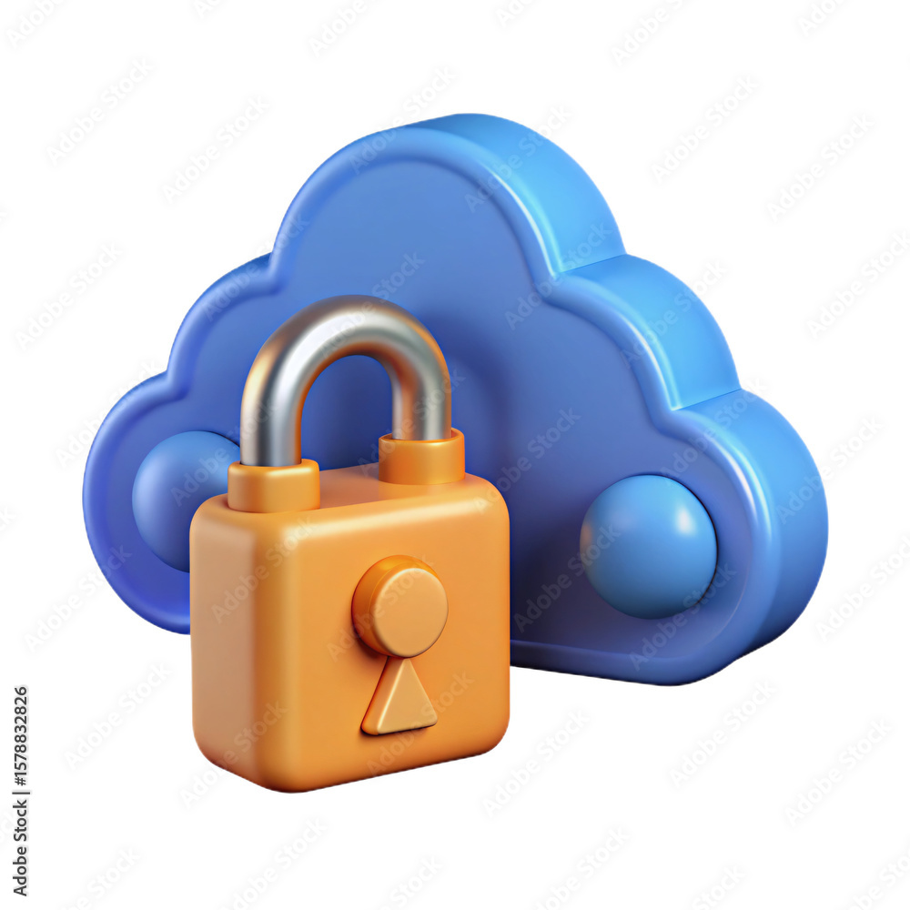 Poster 3d cloud security icon with padlock and transparent background for data protection and cybersecurity