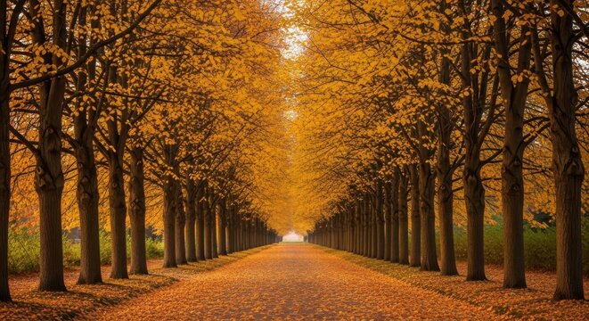 Autumn tree lined path with fallen orange leaves trees