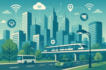 Futuristic smart city with connected technology, showing a network of wifi, sensors, and connected vehicles, representing a modern urban ecosystem