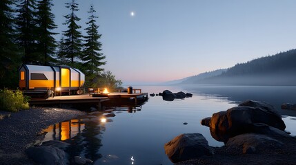 Tranquil Camping Scene by a Misty Lake at Sunrise Surrounded by Lush Green Trees