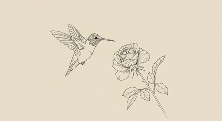 Fototapeta premium Hummingbird Hovering Over Rose Line Drawing