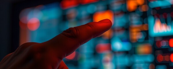 finger silhouette, touching “biometric” label, medical tech context, cyberpunk theme, dof with layered lighting