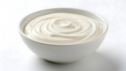 Bowl of creamy white yogurt on white surface, symbolizing purity, freshness, and minimalist food styling
