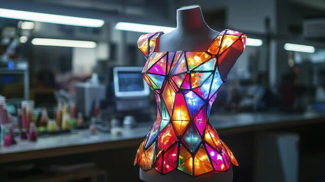 Illuminated bodice with vibrant, geometric, stained-glass-like panels