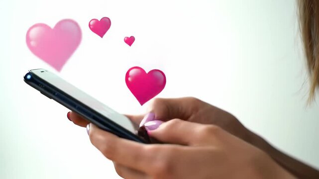 Female hands typing romantic message on smartphone with floating pink hearts on white background. texting love, mobile communication, romantic chat, digital connection, Valentine s Day, online dating