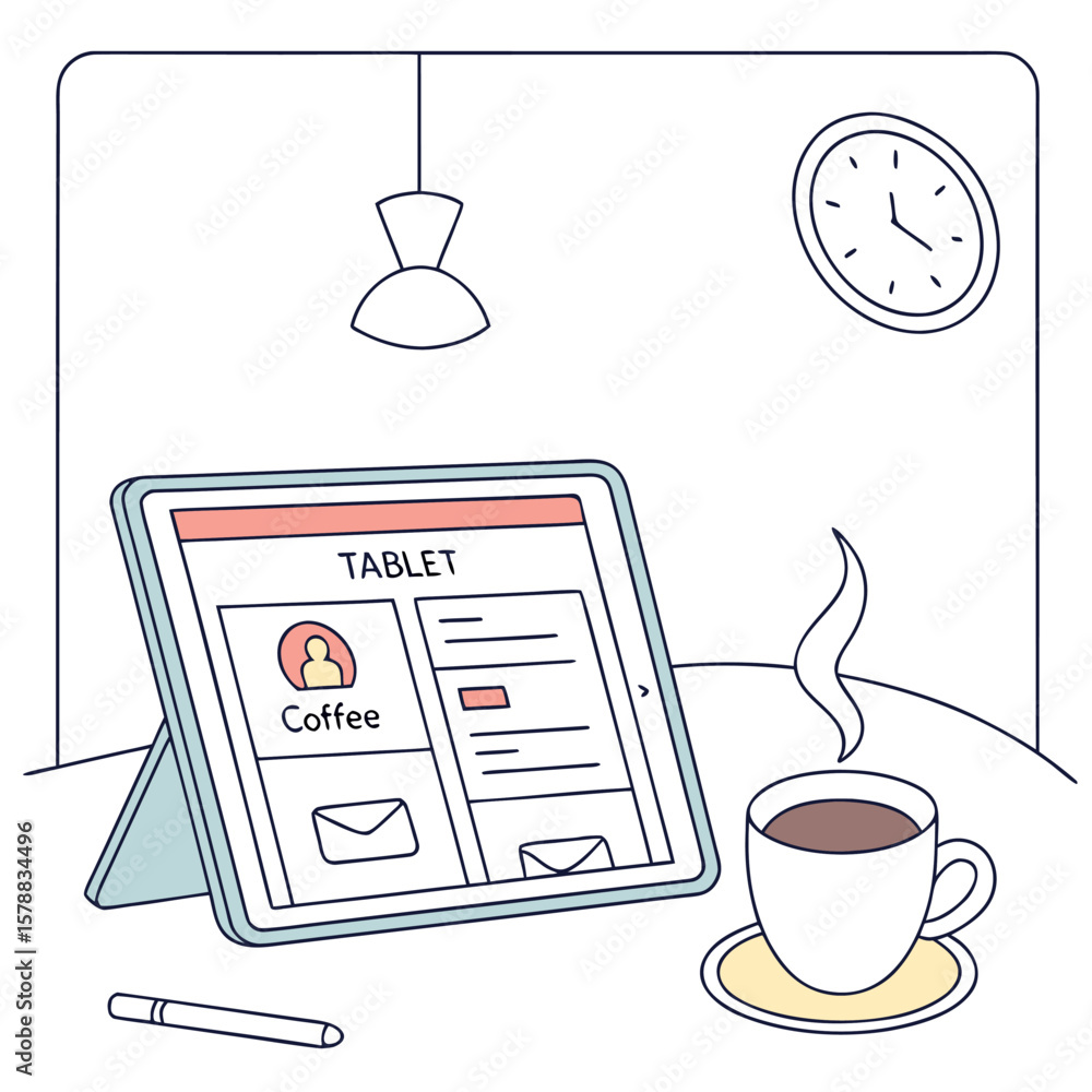 Aufkleber a modern digital tablet displaying a user profile and email interface rests on a stand next to a ste