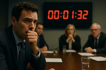 Intense business meeting with a high stakes countdown, showing executives in a tense situation as the clock runs out