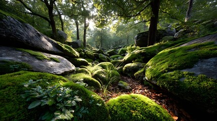 Lush Green Forest Landscape with Sunlight Filtering Through Trees Over Mossy Rocks and Foliage