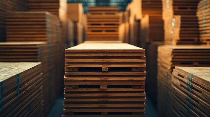 Stacked Lumber Sheets in Warehouse for Construction Supply