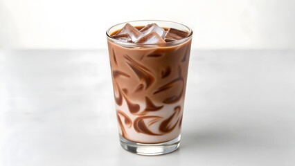 Glass of iced chocolate pattern on white milk with swirling background, symbolizing refreshment, indulgence, and beverage minimalism