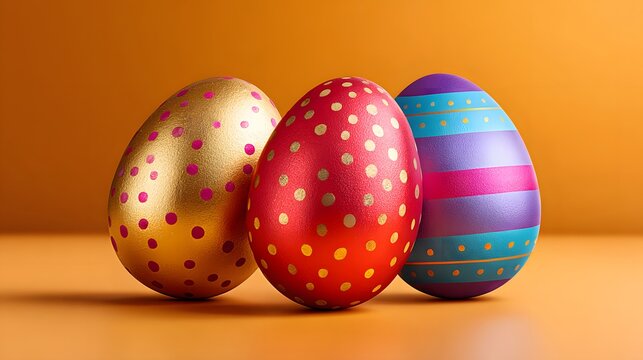 Colorful Easter Eggs with Vibrant Patterns on an Orange Background Ready for Spring Celebration