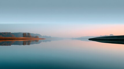 Tranquil River Landscape with Fog and Reflections at Dawn in an Early Morning Scene