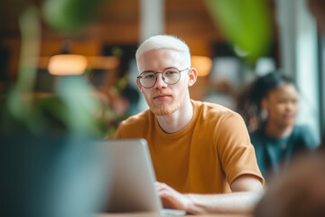 Young albino man with round glasses and a goatee, focused on his freelance work, is working on his laptop in a modern coworking space, embodying ambition and creativity