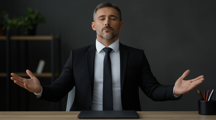 Businessman practicing mindfulness meditation at workplace, sitting with closed eyes and open palms, finding inner peace and balance amidst corporate stress, promoting mental wellbeing and focus