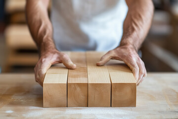 Carpenter carefully examining smooth, freshly cut wooden planks in his workshop, ensuring quality and precision in his woodworking craftsmanship