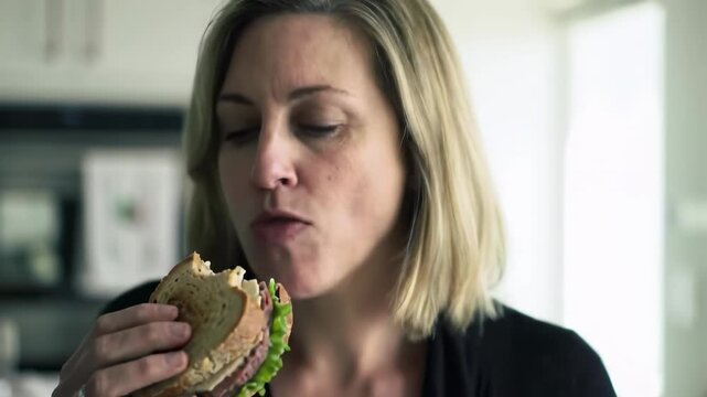Hungry caucasian woman enjoys eating a delicious sandwich at home. concept of tasty meal, relaxation, dining experience.