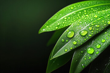 Sparkling dew drops cling to lush green leaves, creating a mesmerizing display of nature's beauty against a dark, contrasting backdrop, evoking a sense of tranquility and freshness