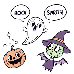 Fototapeta premium Cute cartoon ghost with speech bubbles saying boo and spirits a friendly pumpkin and a witch with bat wings perfect for halloween celebrations
