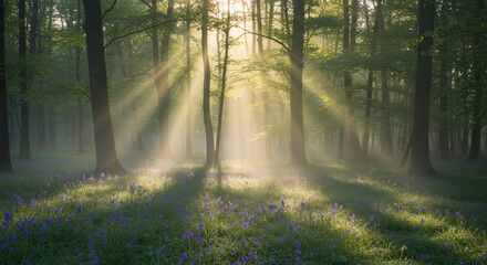 Obraz premium Enchanting Forest with Sun Rays and Morning Mist Through Trees