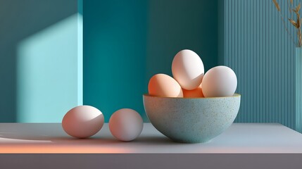 Minimalist Still Life of Fresh White Eggs in a Textured Bowl against a Blue Interior Background