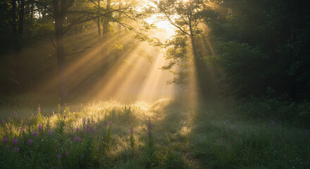 Obraz premium Golden Sunbeams Illuminating Misty Forest Woods Morning Light Rays