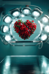 Red roses arranged in a heart shape floating above an operating table in a brightly lit surgical room, symbolizing the importance of love, care, and healthcare
