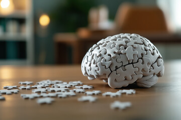 White jigsaw puzzle pieces forming a human brain model are sitting on a wooden table, representing problem solving, creativity, and mental health