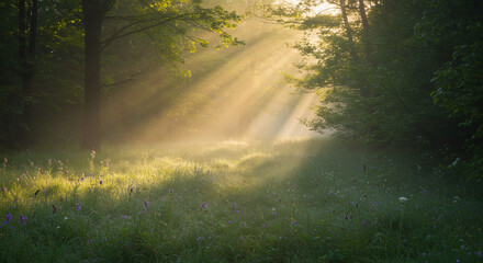 Obraz premium Golden sun rays piercing through mystical forest trees in a tranquil meadow